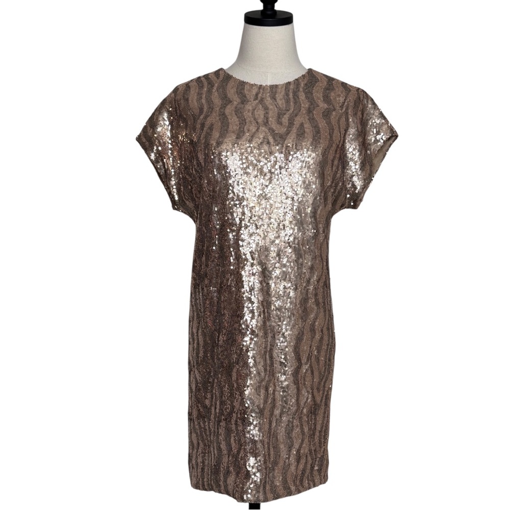 Halston Heritage Sequin Cocktail Dress Gold Tone Size 2